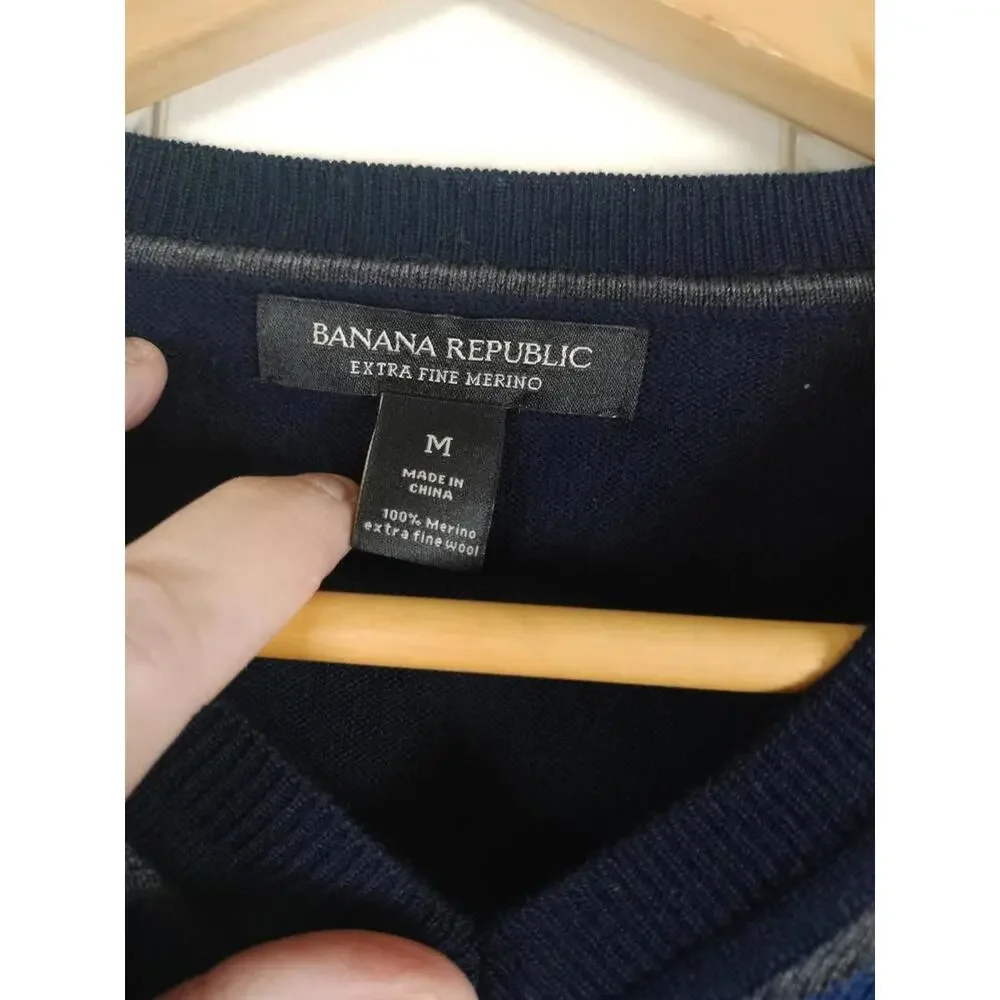 Banana Republic Men's M Argyle‎ Sweater 100% Extra Fine Merino Wool Navy Blue